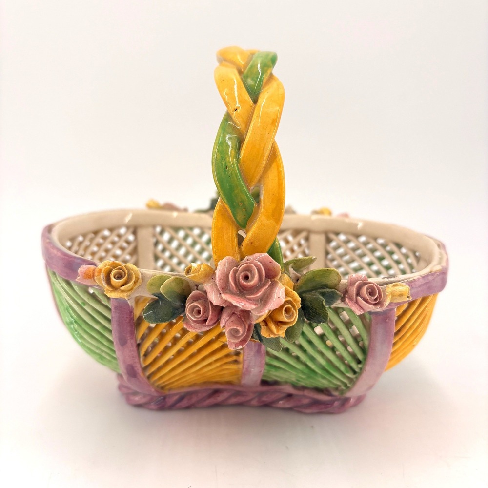 Handmade Vintage Ceramic Flower Basket Pink Roses Trinket Decor Dish Capodimonte